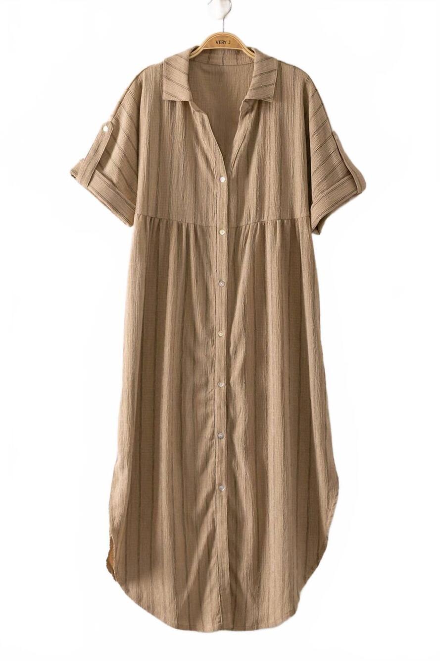 NEW VERY J women's striped linen midi button down shirt dress in brown